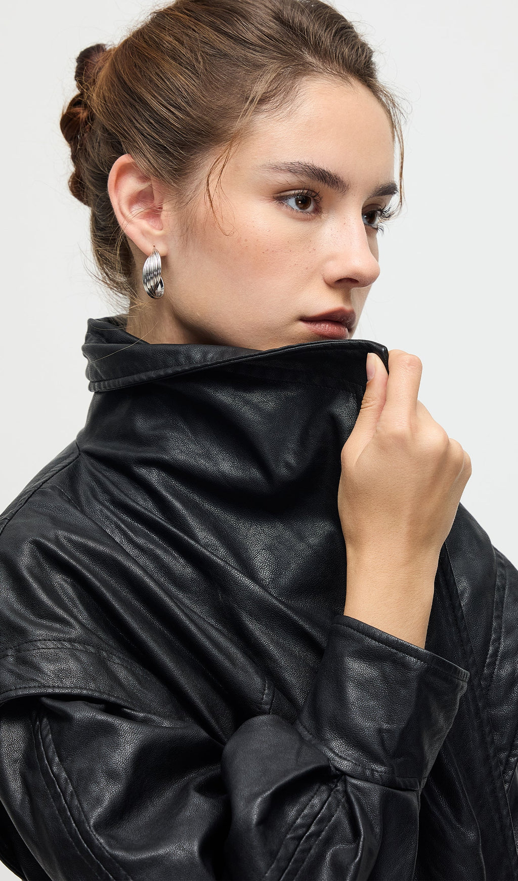 Waisted Lapel Leather Jacket In Black