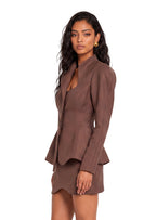 Zamir Deep Neck Suit Jacket & Skirt Set In Brown