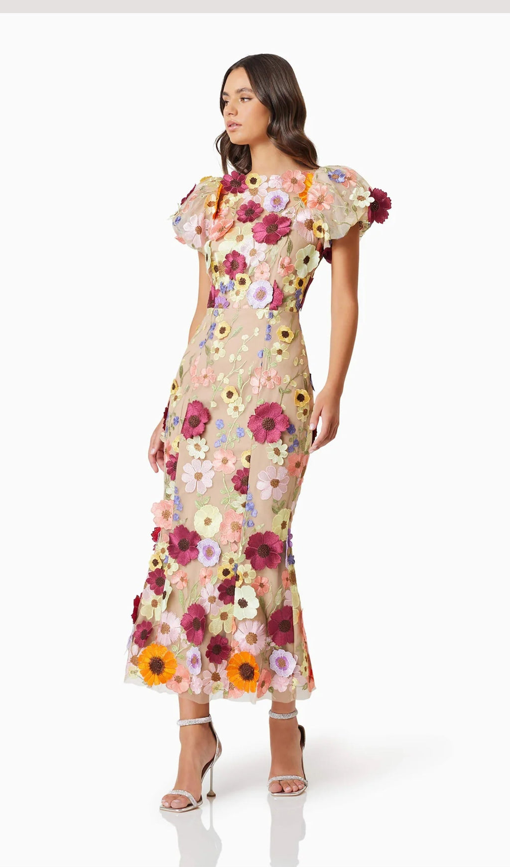 Floral 3D Lace Midi Dress In Apricot