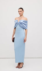 Off Shoulder Draped Satin Maxi Dress