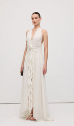 Halter Ruffles Rose Decoration Maxi Dress White
