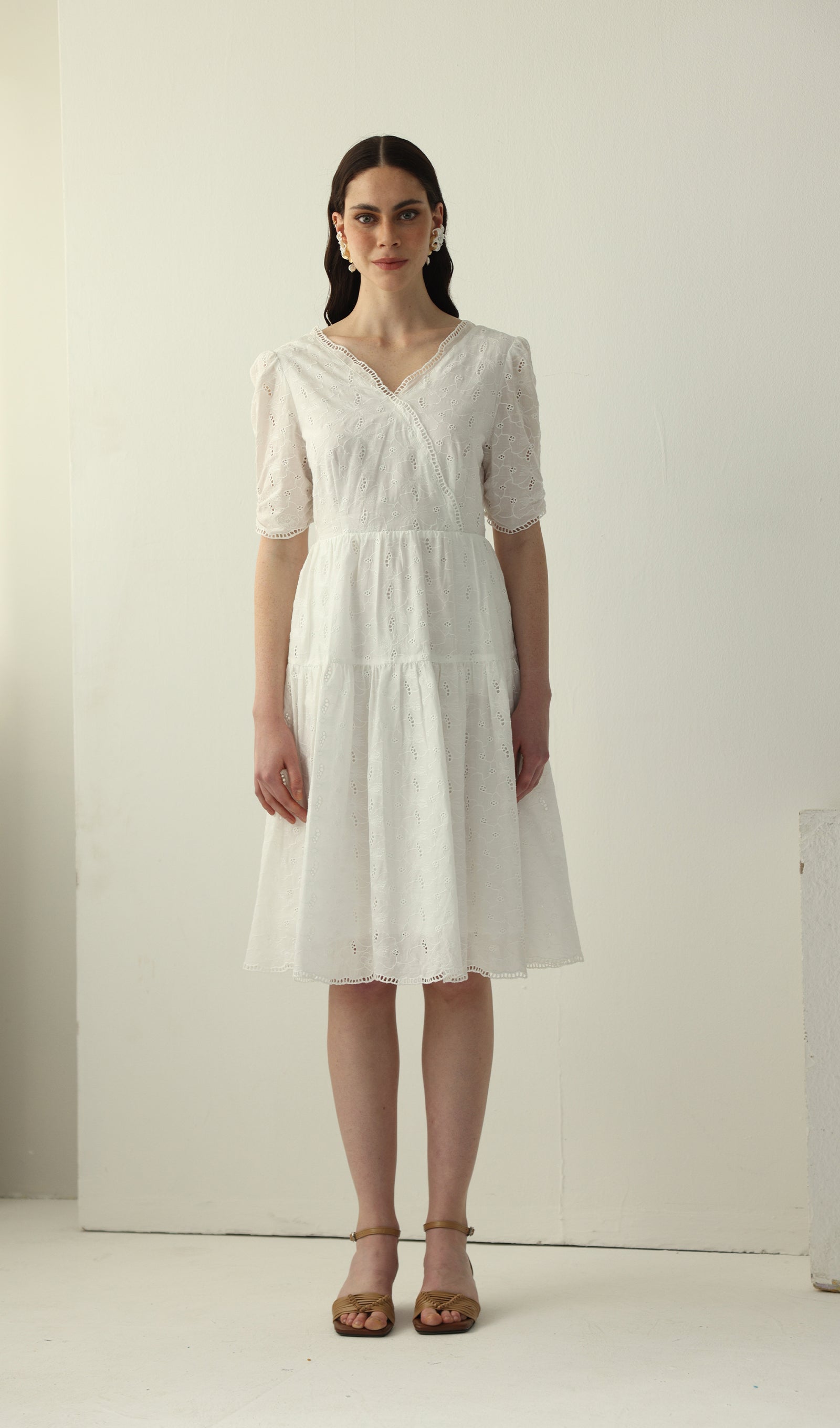 V Neck Midi Dress In White