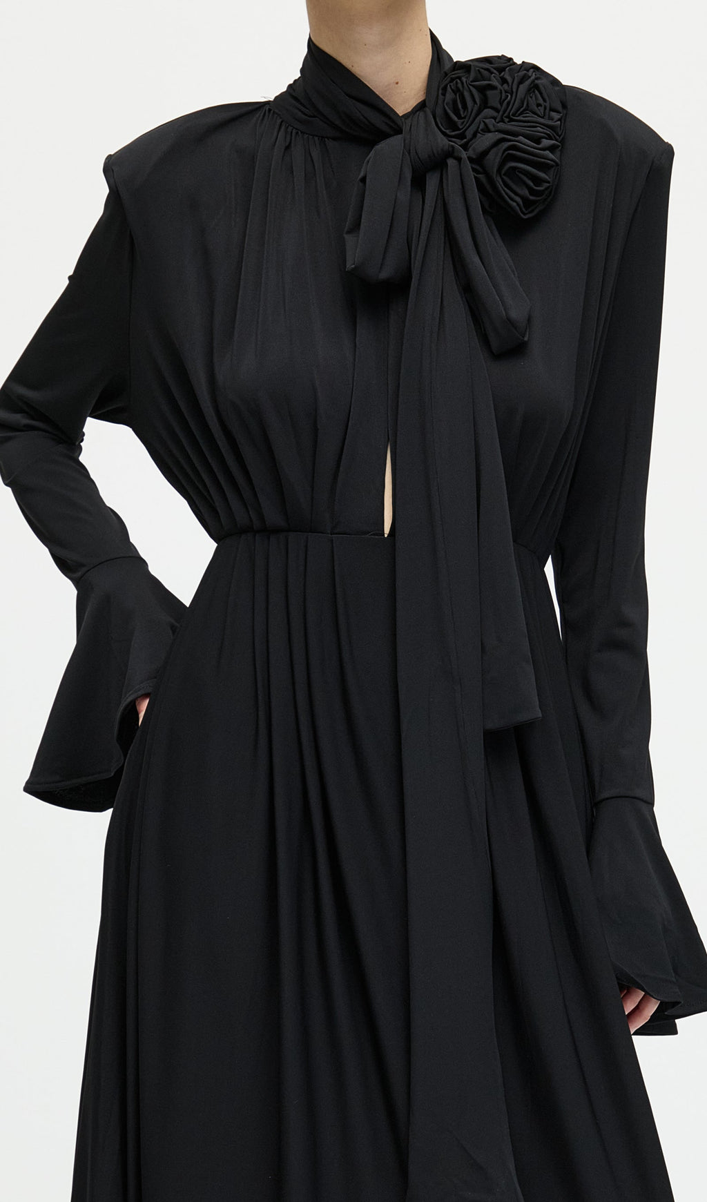 Flower V-Neck Pleated Slit Maxi Dress In Black