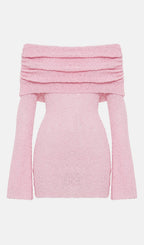 Off Shoulder Boucle Knit Mini Dress In Pink