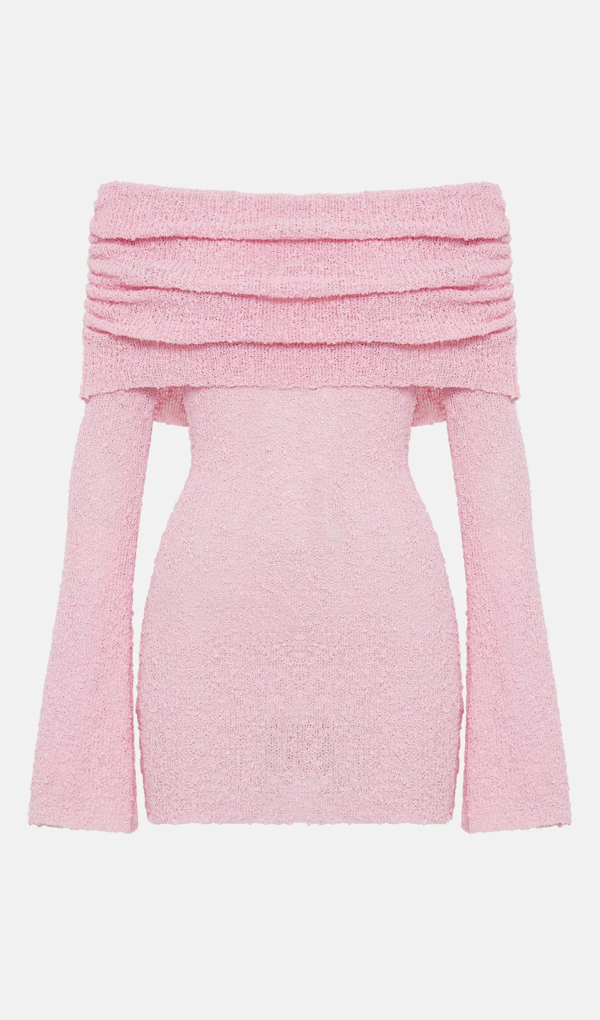 Off Shoulder Boucle Knit Mini Dress In Pink