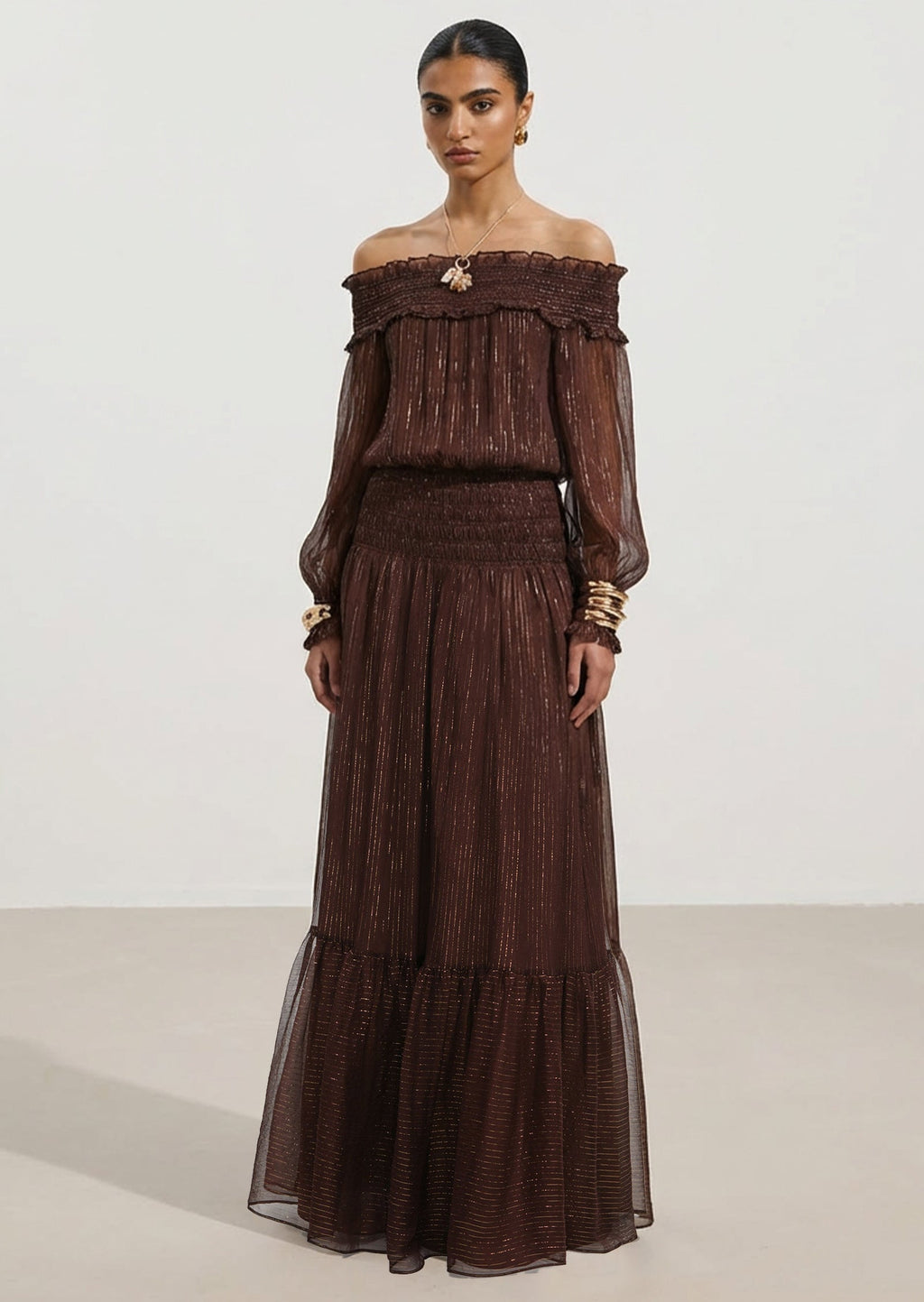 Layali Rose Georgette Off Shoulder Maxi Dress