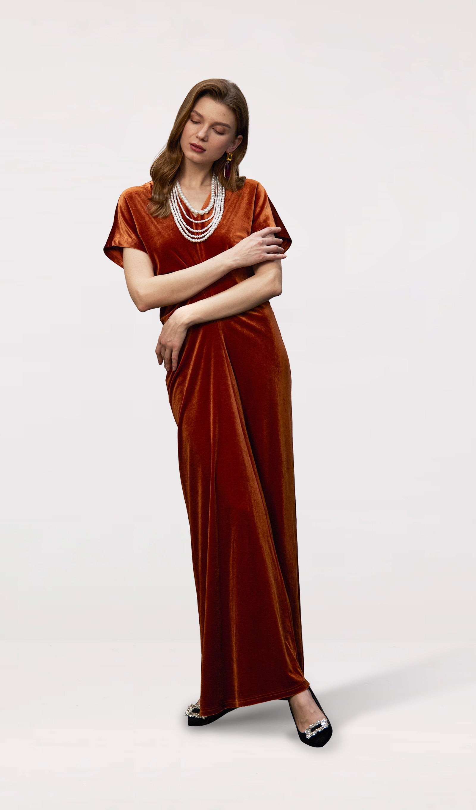 Bias-Cut Velvet Maxi Dress-Copper