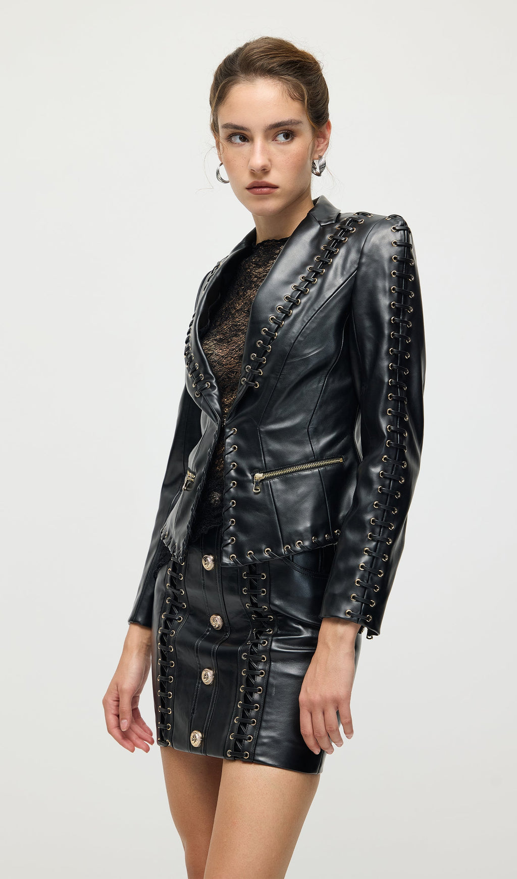 Rope Lacing Leather Jacket & Mini Skirt