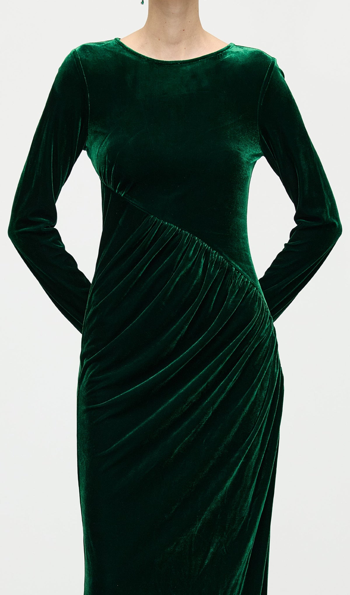 Long Sleeved Gathers  Maxi Dress In Dark Green