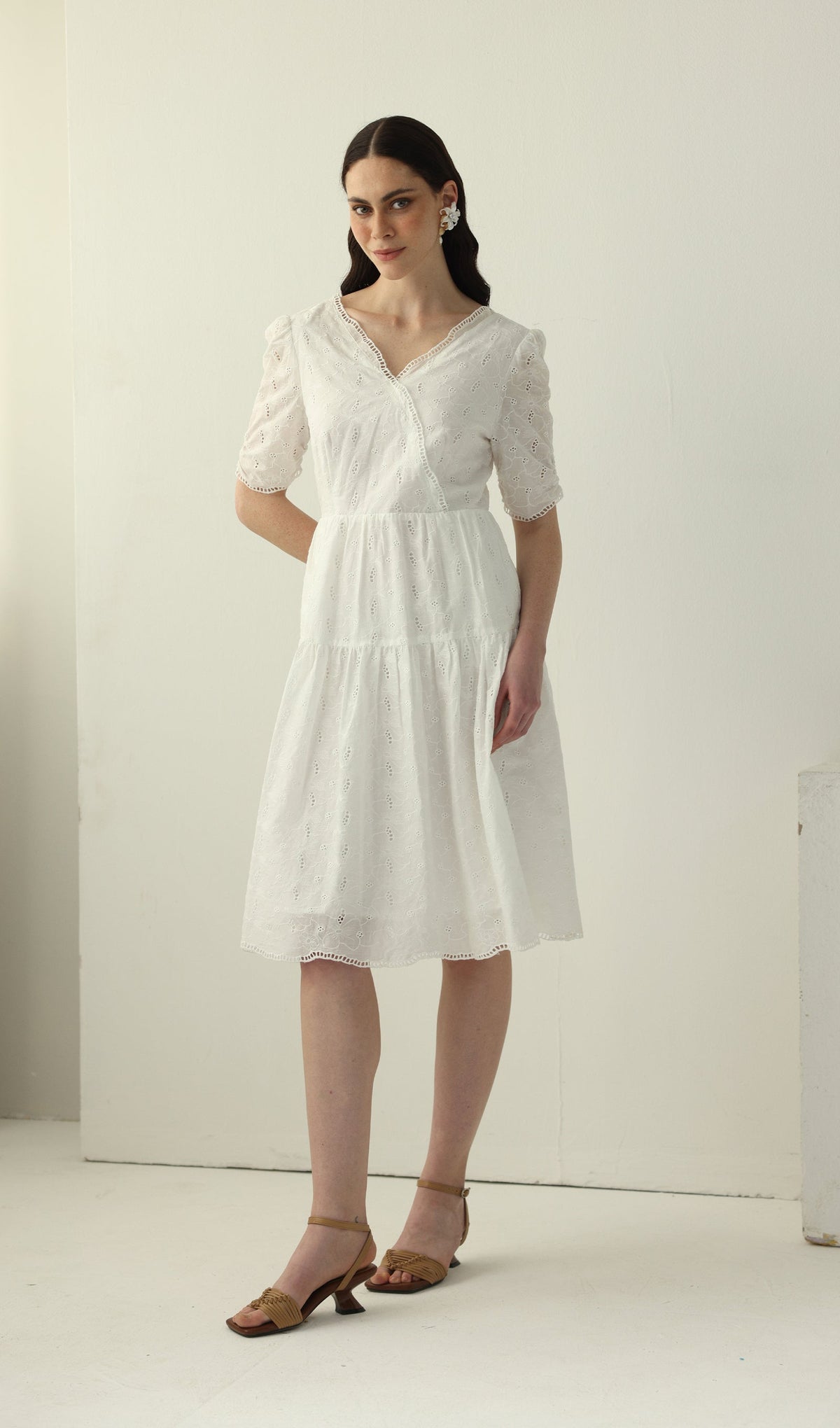 V Neck Midi Dress In White