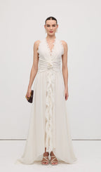Halter Ruffles Rose Decoration Maxi Dress White