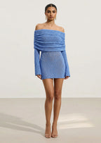 Off Shoulder Boucle Knit Mini Dress In Blue