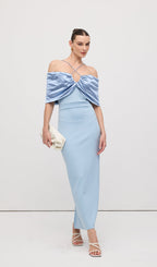 Off Shoulder Draped Satin Maxi Dress