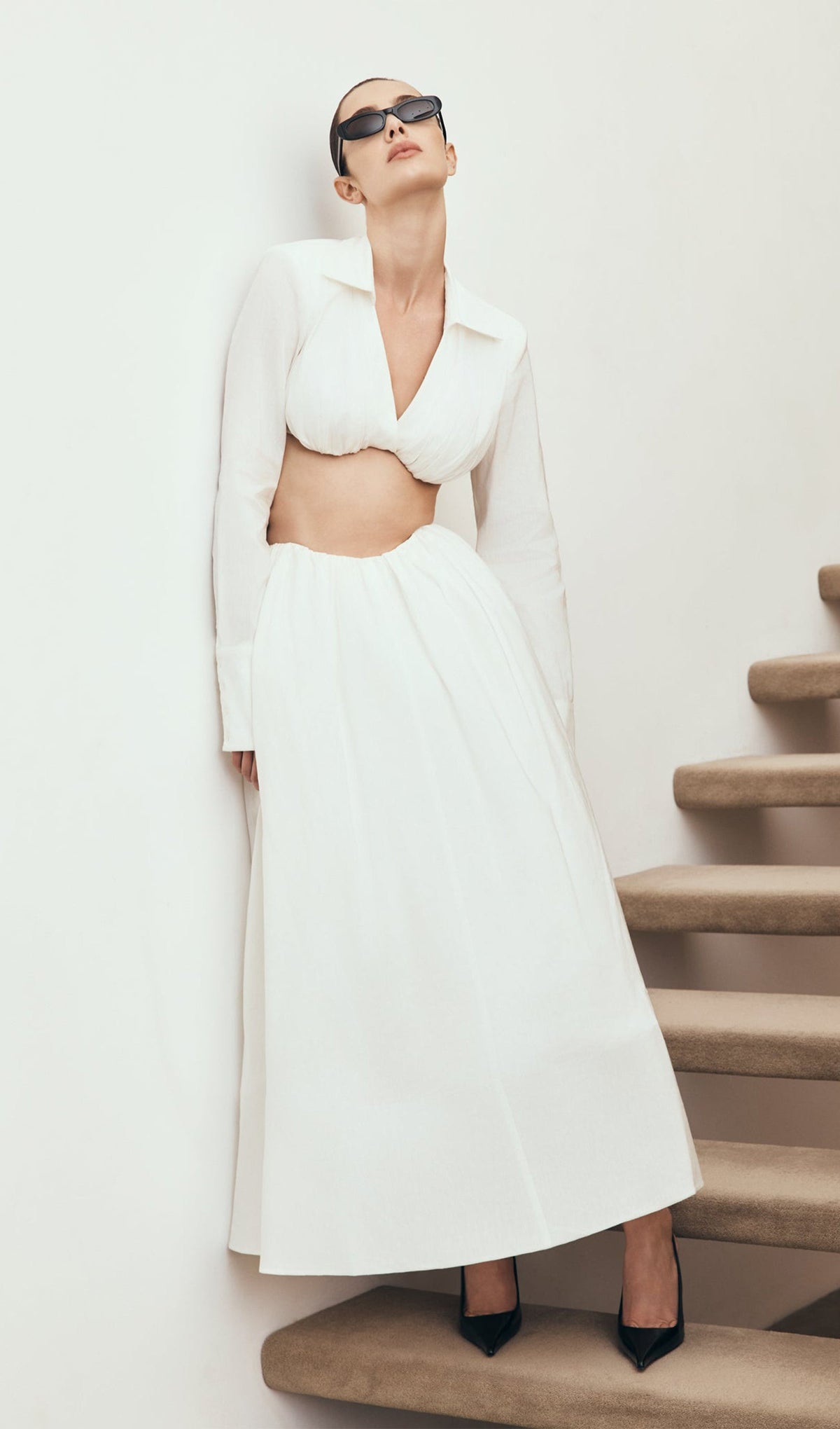 Shirt Bra Top & Gathered Maxi Skir Set