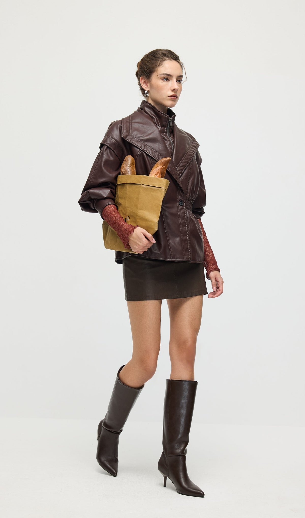 Waisted Lapel Leather Jacket In Brown