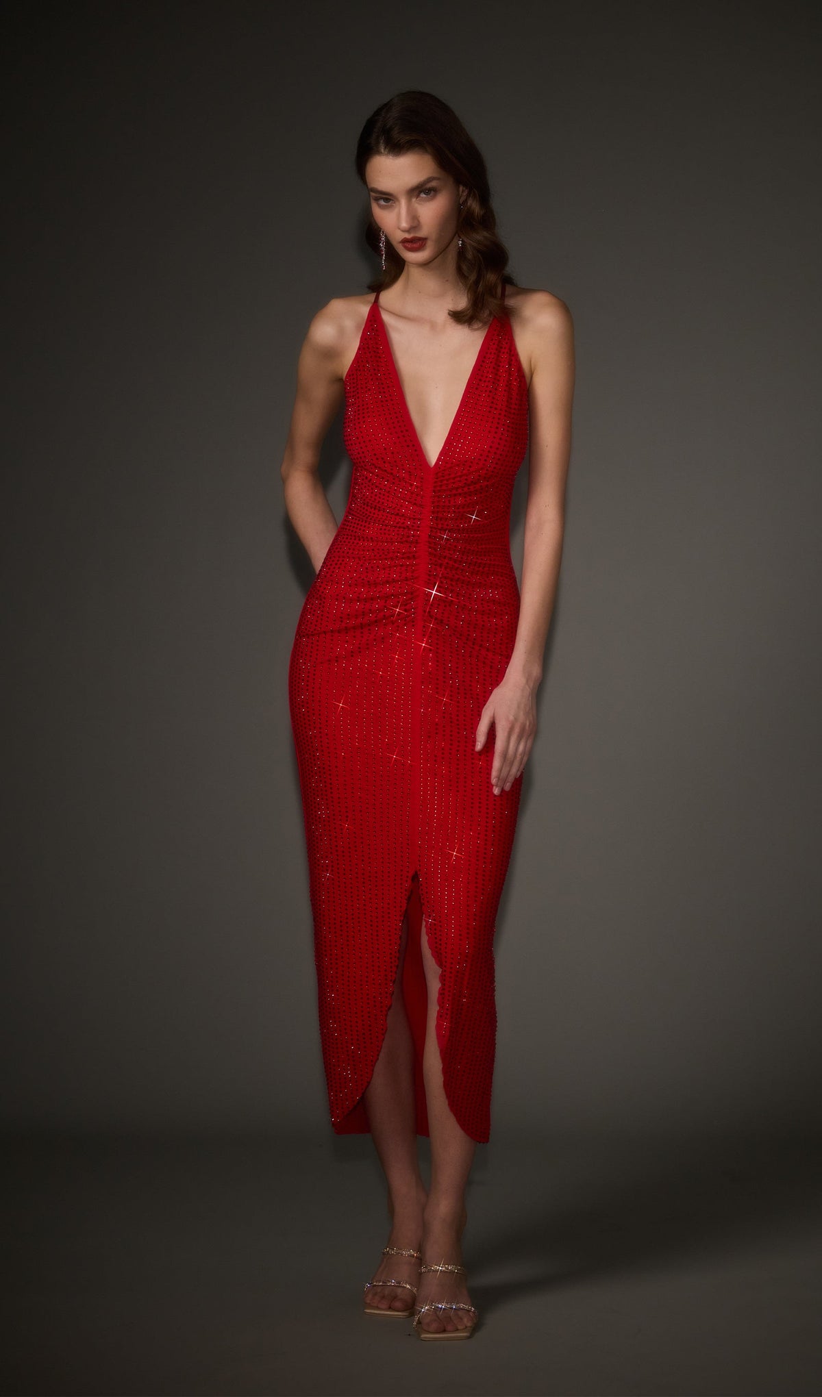 Diamante Ruched Midi Dress In Red