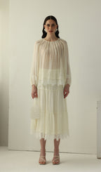 Long Sleeved Lace Panel Midi Skirt