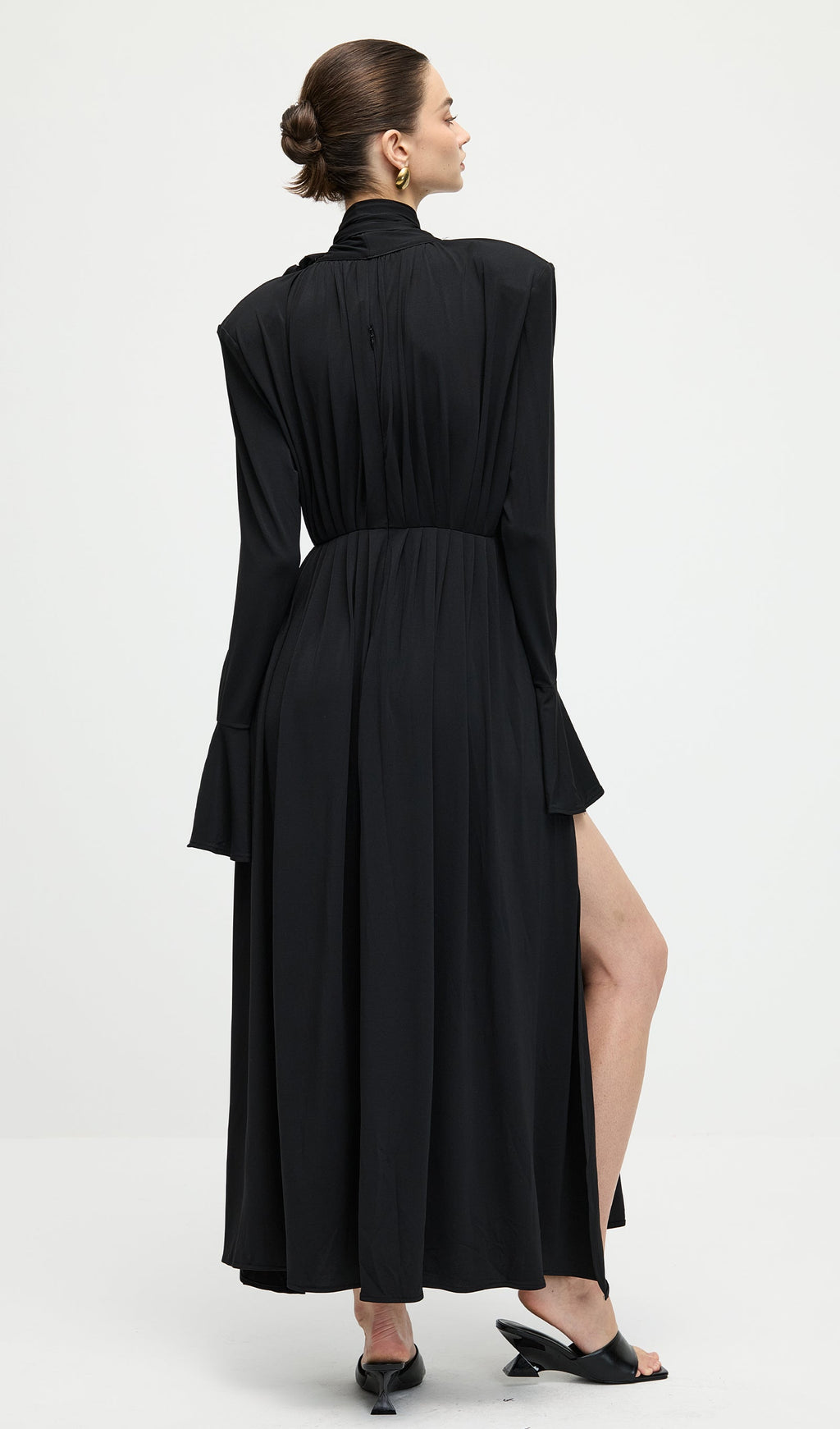Flower V-Neck Pleated Slit Maxi Dress In Black