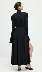 Flower V-Neck Pleated Slit Maxi Dress In Black