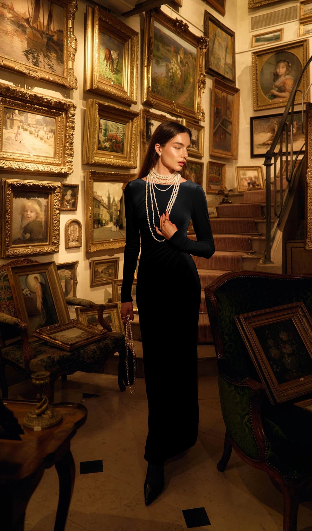 Long Sleeved Gathers  Maxi Dress Black