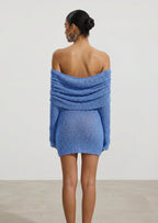 Off Shoulder Boucle Knit Mini Dress In Blue