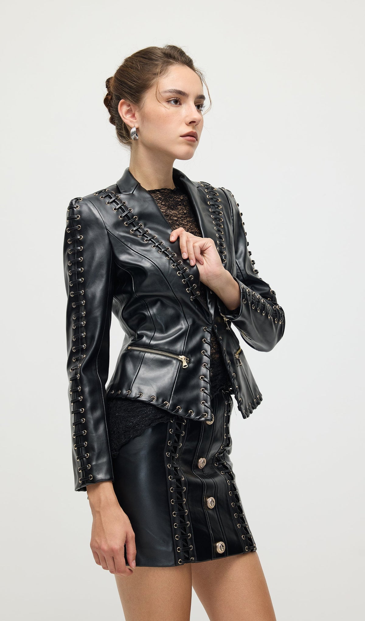 Rope Lacing Leather Jacket & Mini Skirt