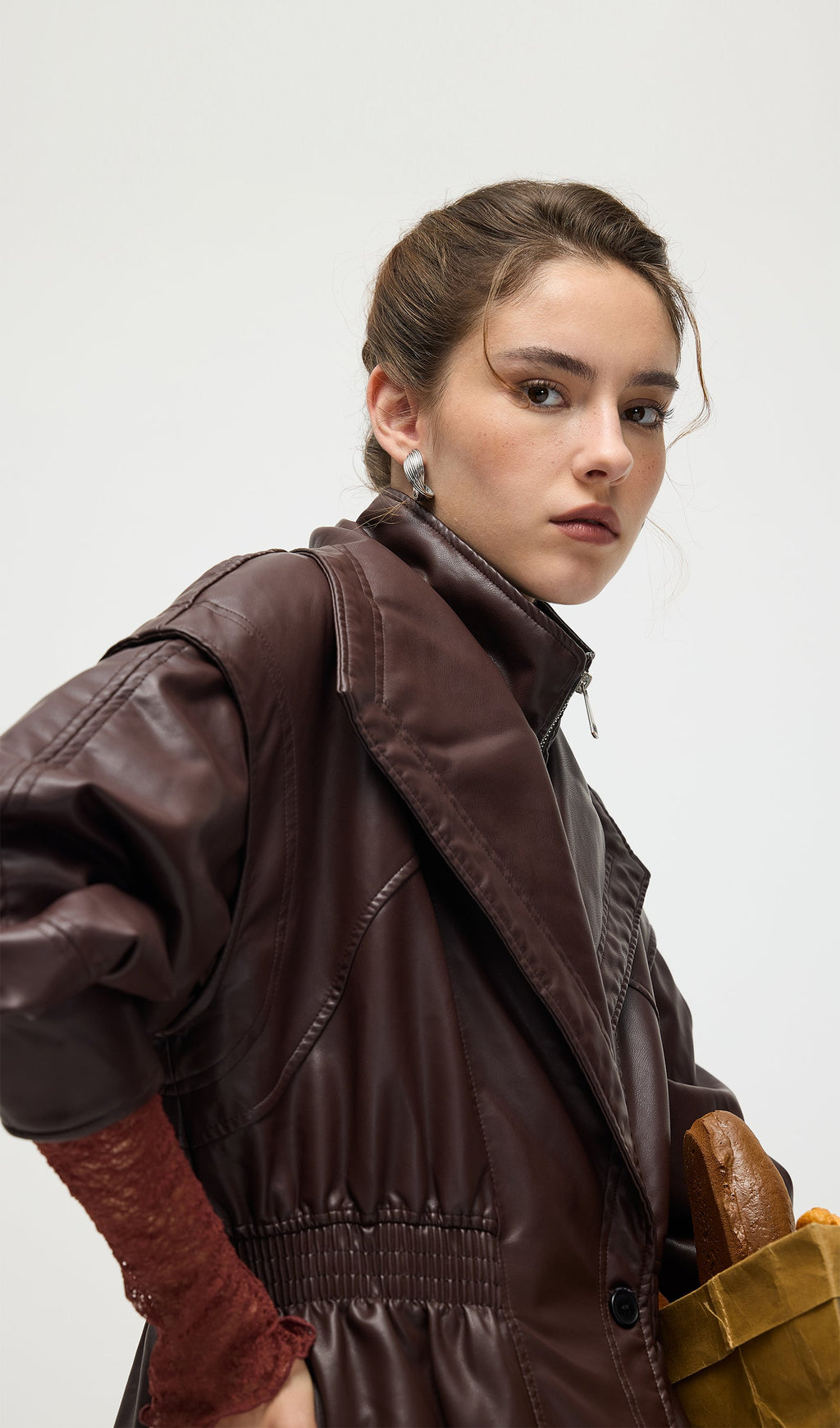 Waisted Lapel Leather Jacket In Brown
