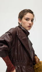 Waisted Lapel Leather Jacket In Brown