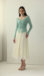 Long Sleeved Lace Panel Midi Skirt