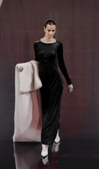 Long Sleeved Gathers  Maxi Dress Black