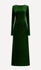 Long Sleeved Gathers  Maxi Dress In Dark Green
