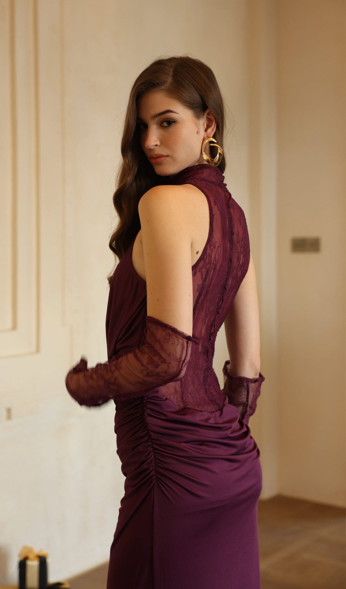 Lace Bodice Ruched Maxi Dress In Magenta