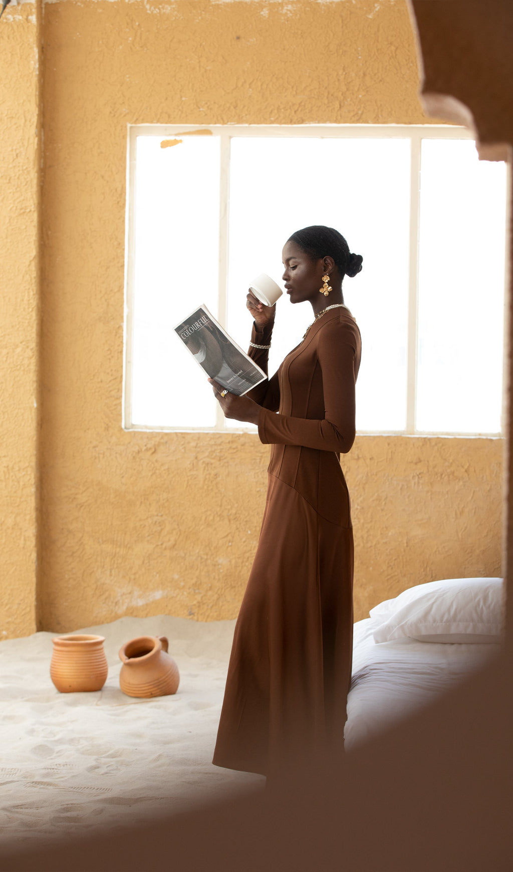 Trendy Knitted Satin Maxi Dress -Coffee