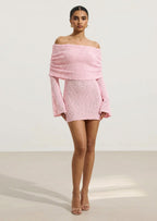 Off Shoulder Boucle Knit Mini Dress In Pink