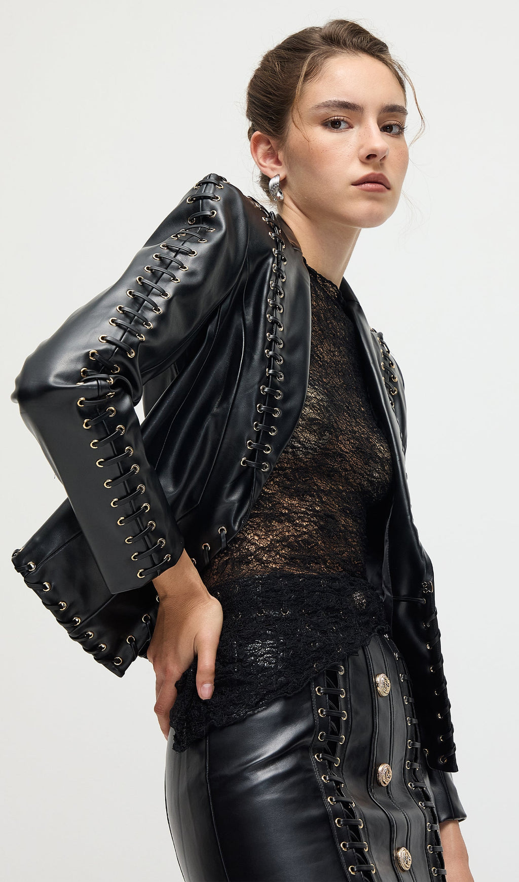 Rope Lacing Leather Jacket & Mini Skirt