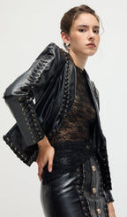 Rope Lacing Leather Jacket & Mini Skirt