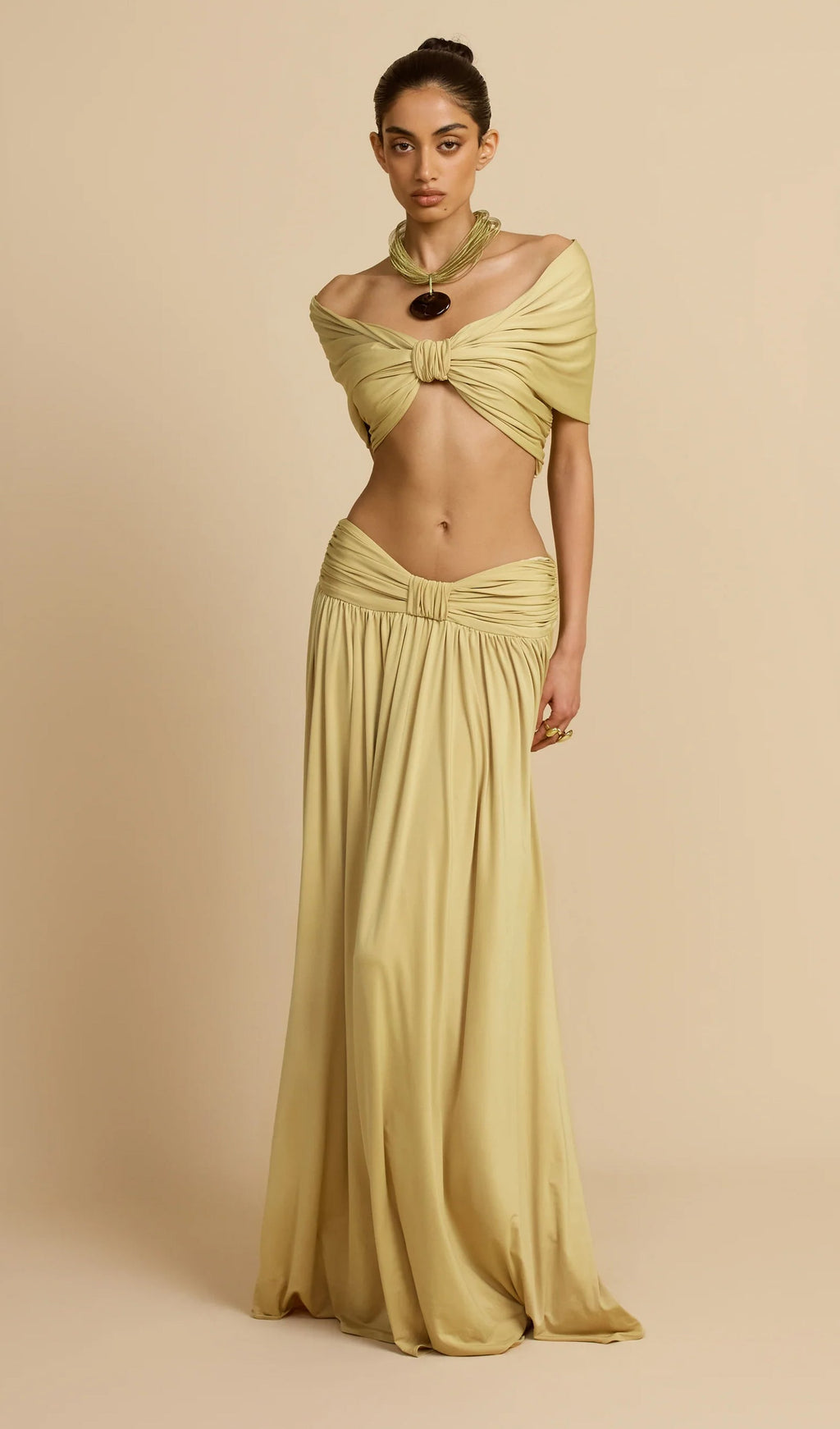 Ruched Top & Maxi Skirt Two Piece Set In Lemon