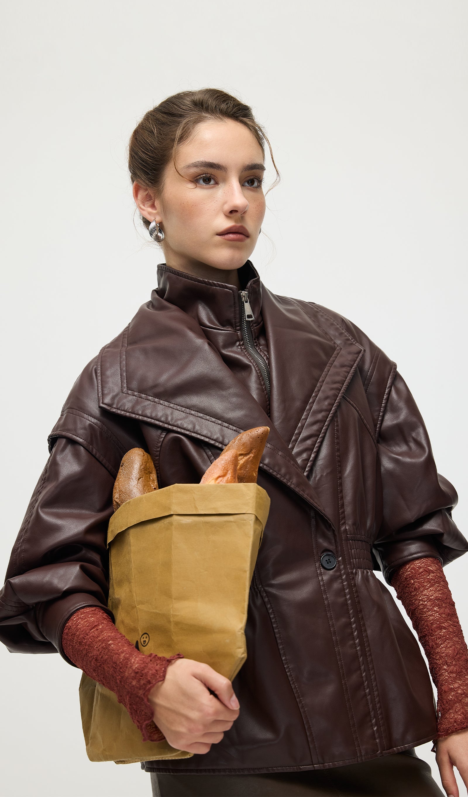 Waisted Lapel Leather Jacket In Brown