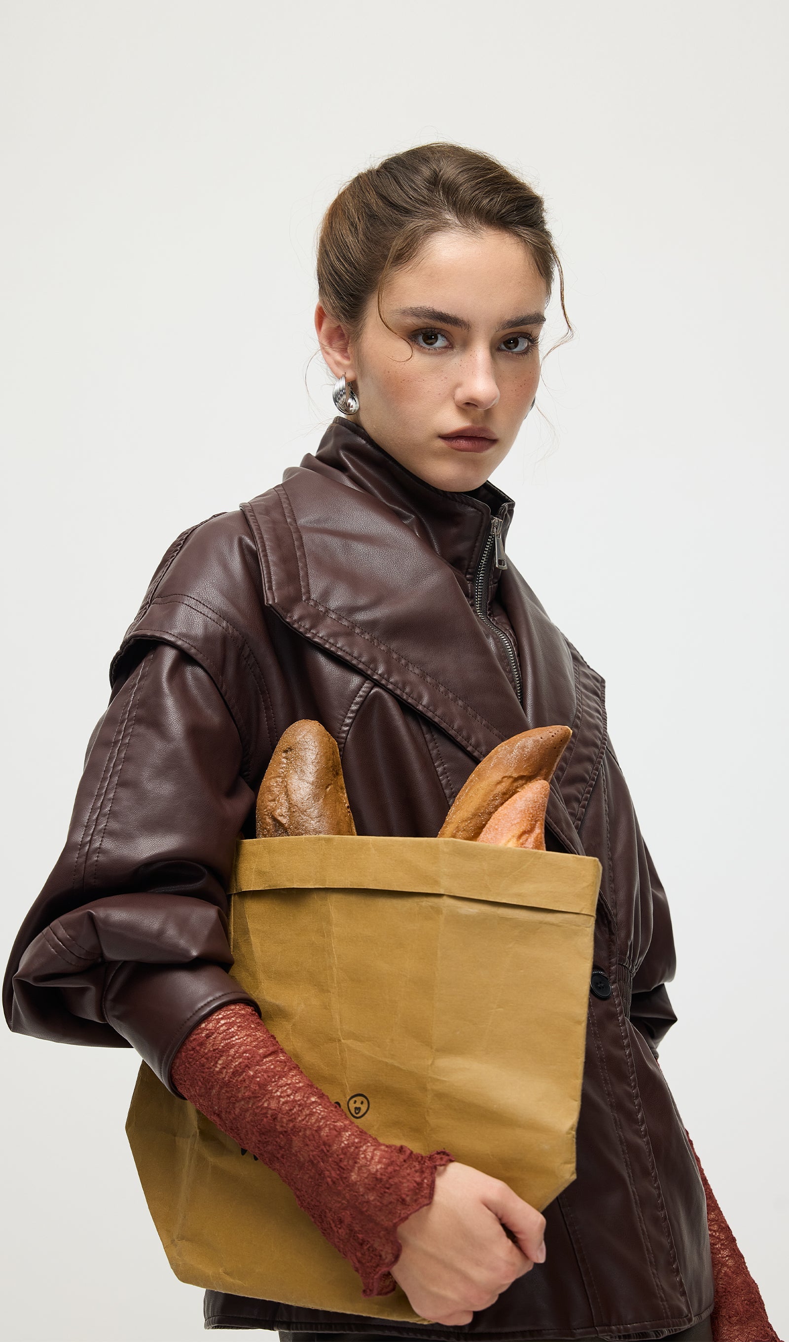 Waisted Lapel Leather Jacket In Brown