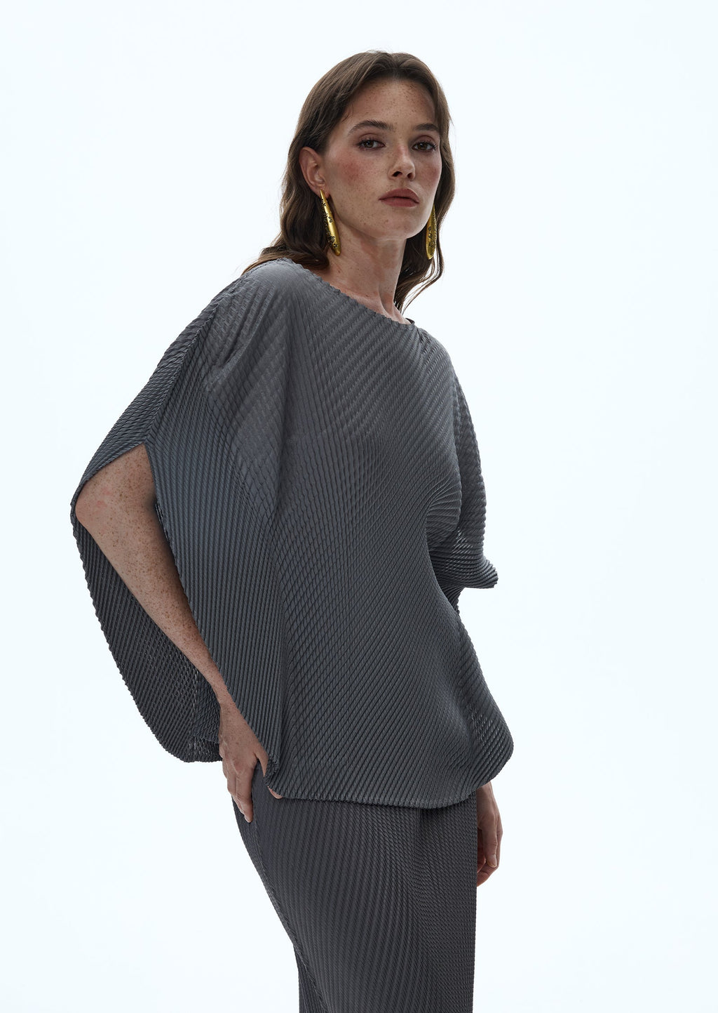 Macaria Knit Cape Top & Midi Skirt Set In Grey