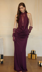 Lace Bodice Ruched Maxi Dress In Magenta