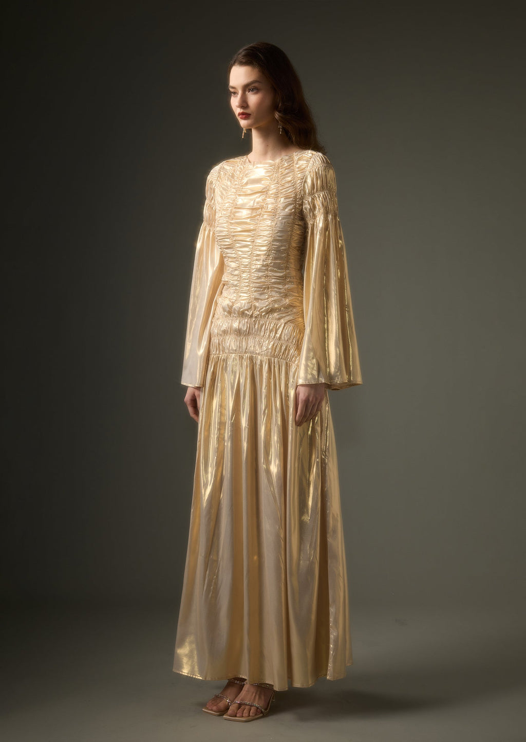 Solid Metallic Elasticated Gathers Maxi Dress