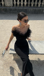 Lena Feather Trimmed Midi Dress Black