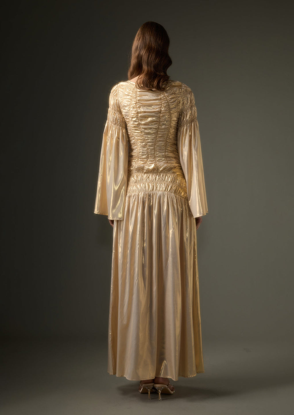 Solid Metallic Elasticated Gathers Maxi Dress