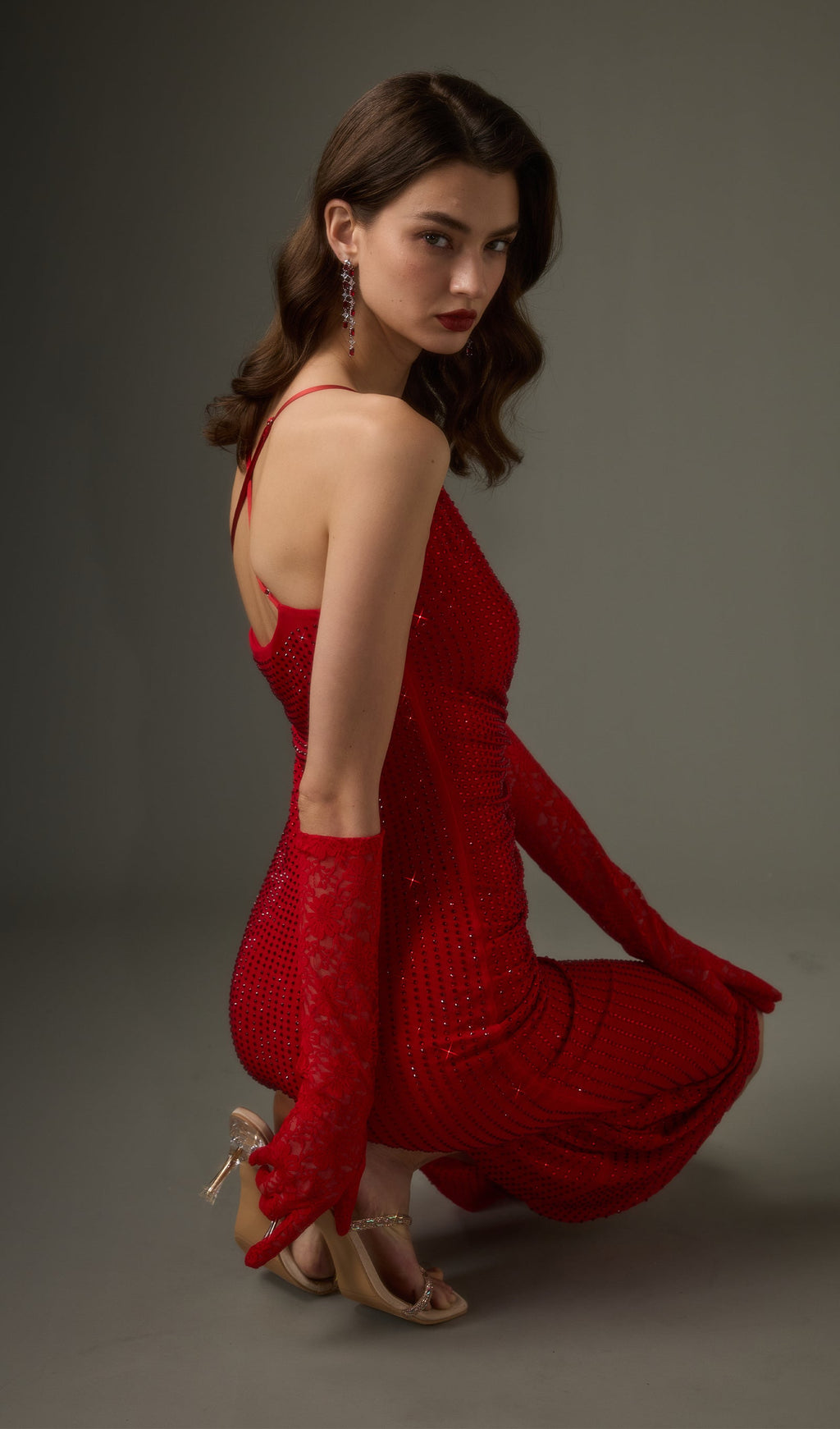 Diamante Ruched Midi Dress In Red