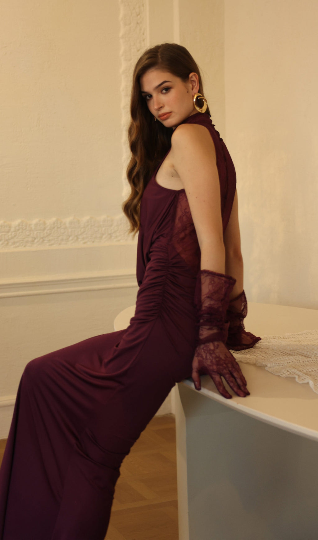 Lace Bodice Ruched Maxi Dress In Magenta
