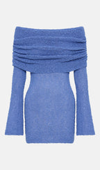 Off Shoulder Boucle Knit Mini Dress In Blue