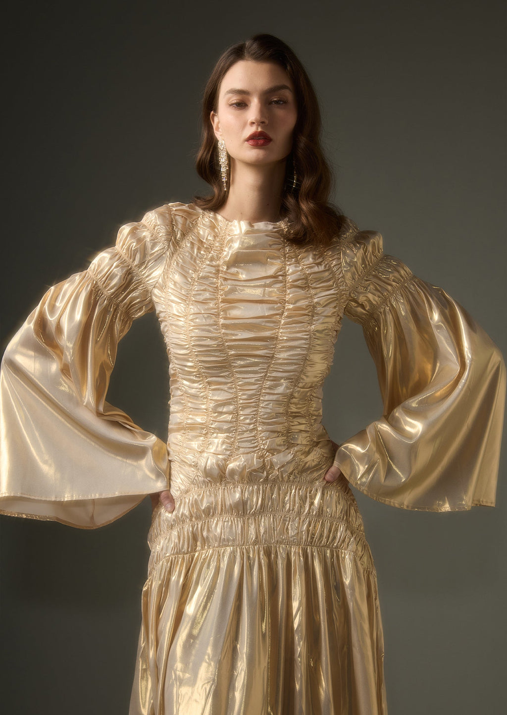 Solid Metallic Elasticated Gathers Maxi Dress