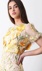 Floral 3D Lace Midi Dress In Yellow