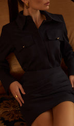 Lapel Collar And Draped Mini Dress Set In Black
